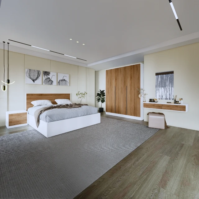 غرفة نوم خشبية بتصميم عصري وألوان أنيقة